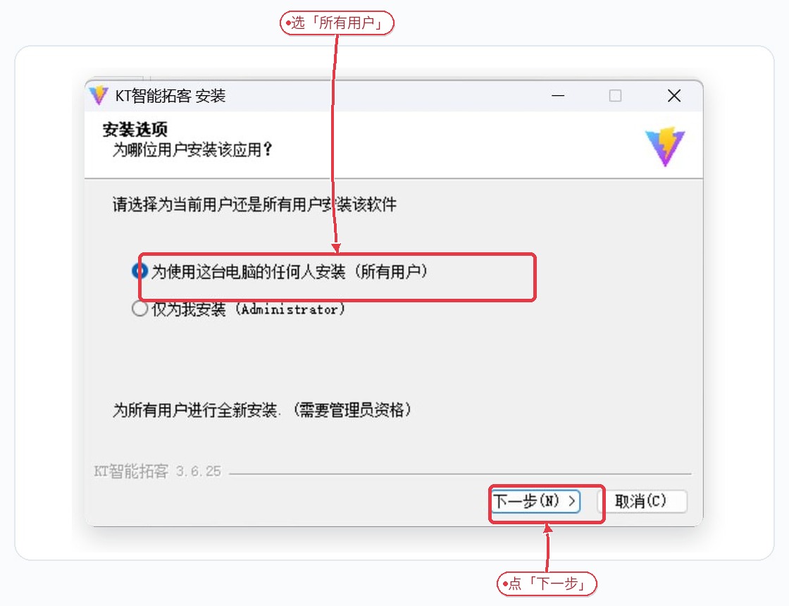 Windows 安装选项:选择所有用户或仅当前用户
